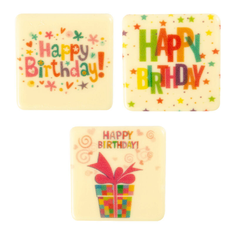 2067252 HAPPY BIRTHDAY GEKLEURDE PLAAT WITTE CHOCOLADE VIERKANT 48X48MM 75 STUKS