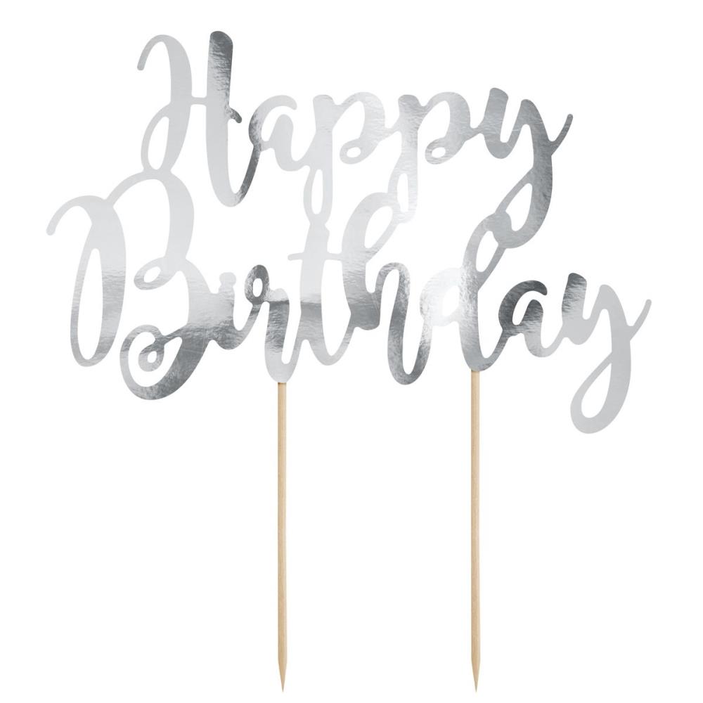 CAKE TOPPER HAPPY BIRTHDAY SILVER 22.5CM EXCL.