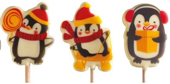 060176 PCB  BLISTERS SUCETTES “PINGOUINS“ET BÂTONS3 MOTIFS - H. 5 CM - ±15 G 5X9 PCES ***s/cd***