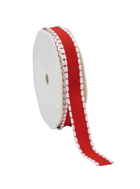 RED TEXTURED RIBBON WITH WHITE EDGE 15MM X 15M FOST+ INCLUDED