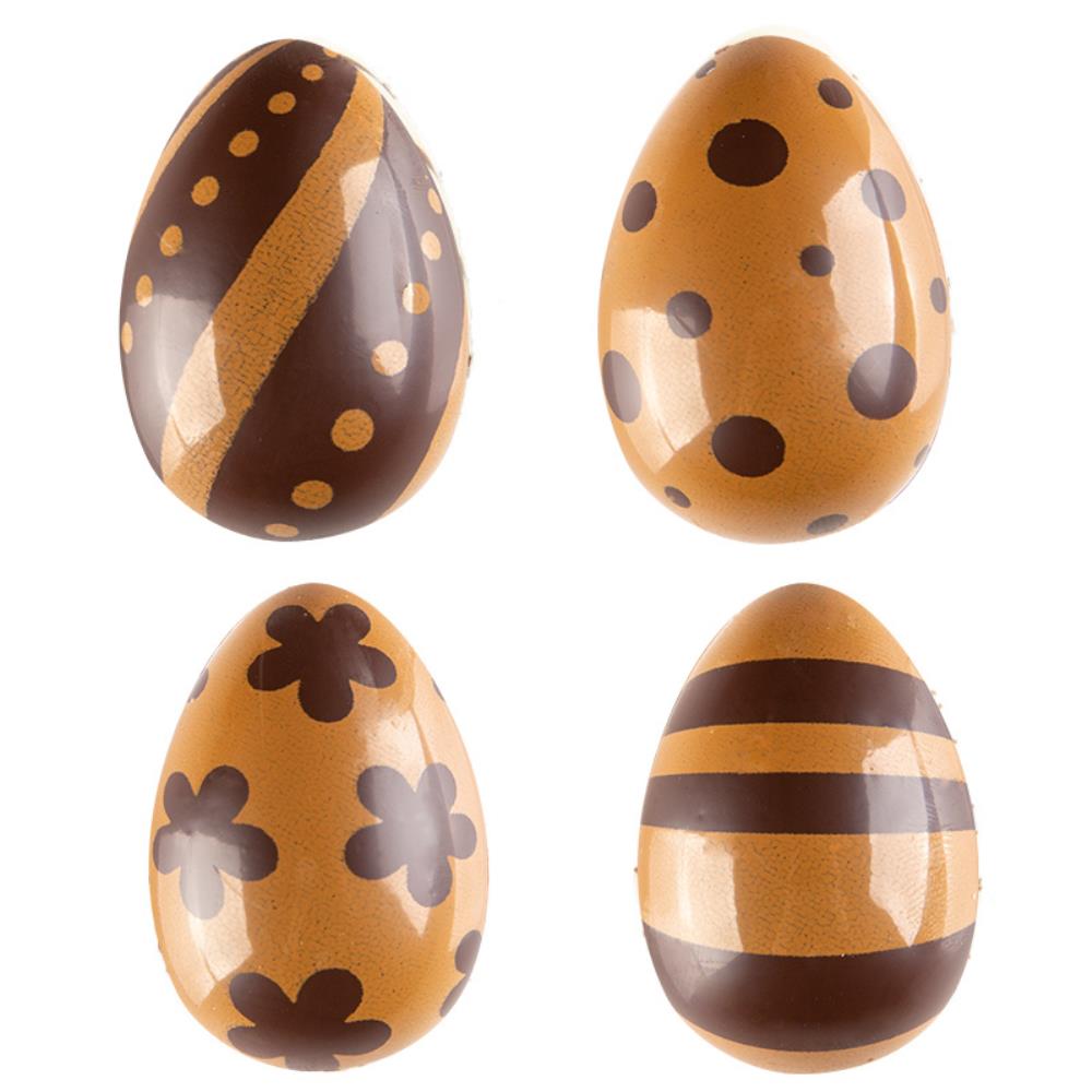 2069074 3D EGGS LINE/WEIGHT/FLOWER PATTERN BROWN 38X24MM4ASS DARK CHOCOLATE 96 PCES