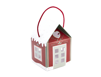 RED AND WHITE HOUSE CARDBOARD BOX WITH ROPE 12X12XH12/17CM
