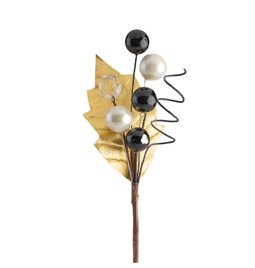 PIQUET TIGE FEUILLE OR AVEC PERLES NOIRES H9CM