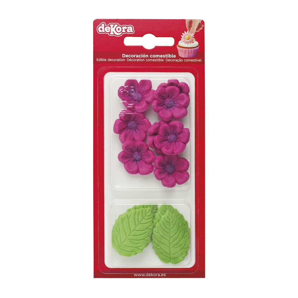 8 FUSHSIA BLOEMEN EN 5 GROENE BLADEREN IN SUIKER