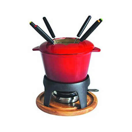 BAUMALU FONDUE RED CAST IRON ON WOODEN BOARD 17CM 6P