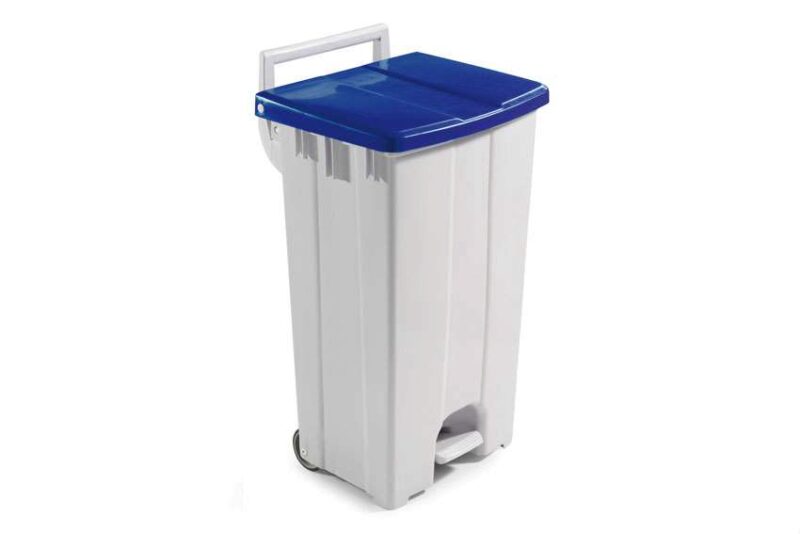 PRULLENBAK MET BLAUW DEKSEL - 90L MET PEDAAL + 2 WIELEN
