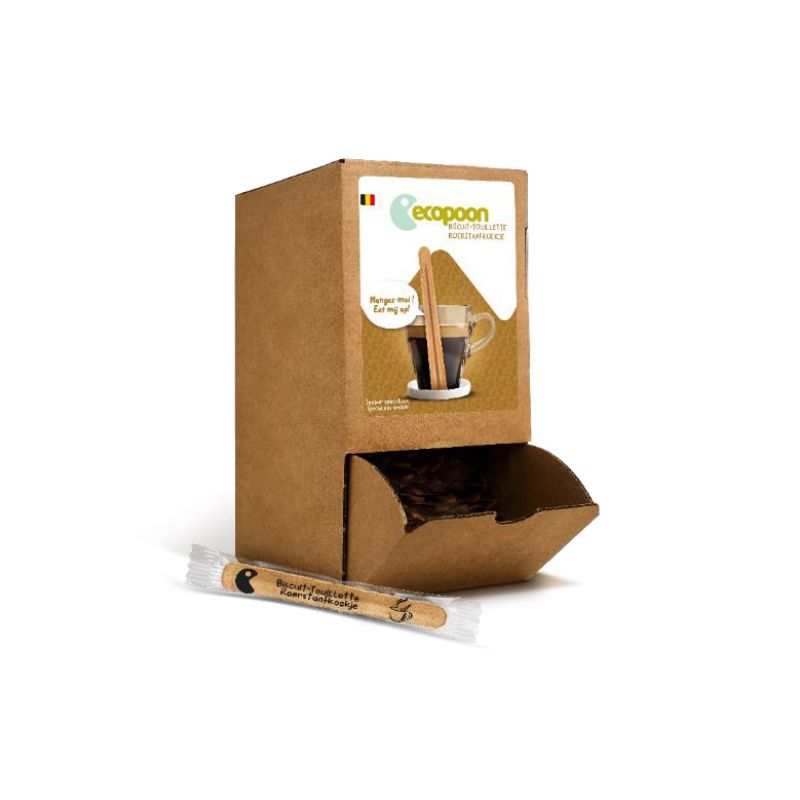 ECOPOON DISPENSER MET 150 NATUREL KOEKJESROERDERS "OM VAN TE GENIETEN"*SCDE*