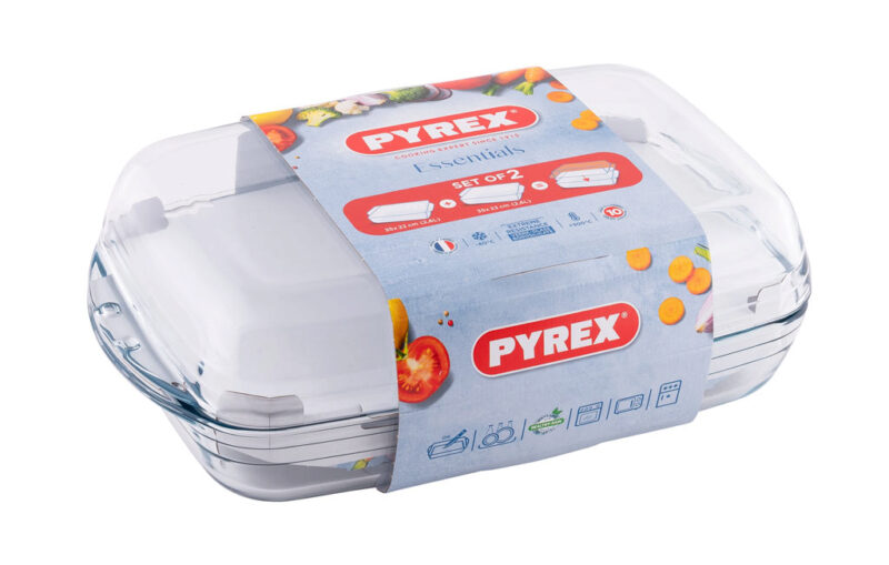 +PYREX SET 2 PLATS RECT. 35X22 REVERSIBLE PLAT OU COCOTTE 2X2.8L-BOROSILICATE -40+300°
