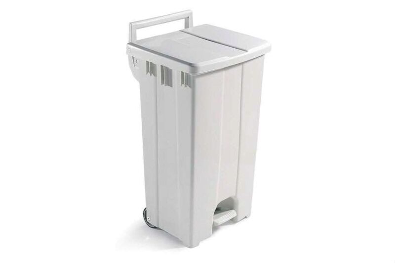WHITE TRASH CAN WITH LID - 90L WITH PEDAL + 2 WHEELS