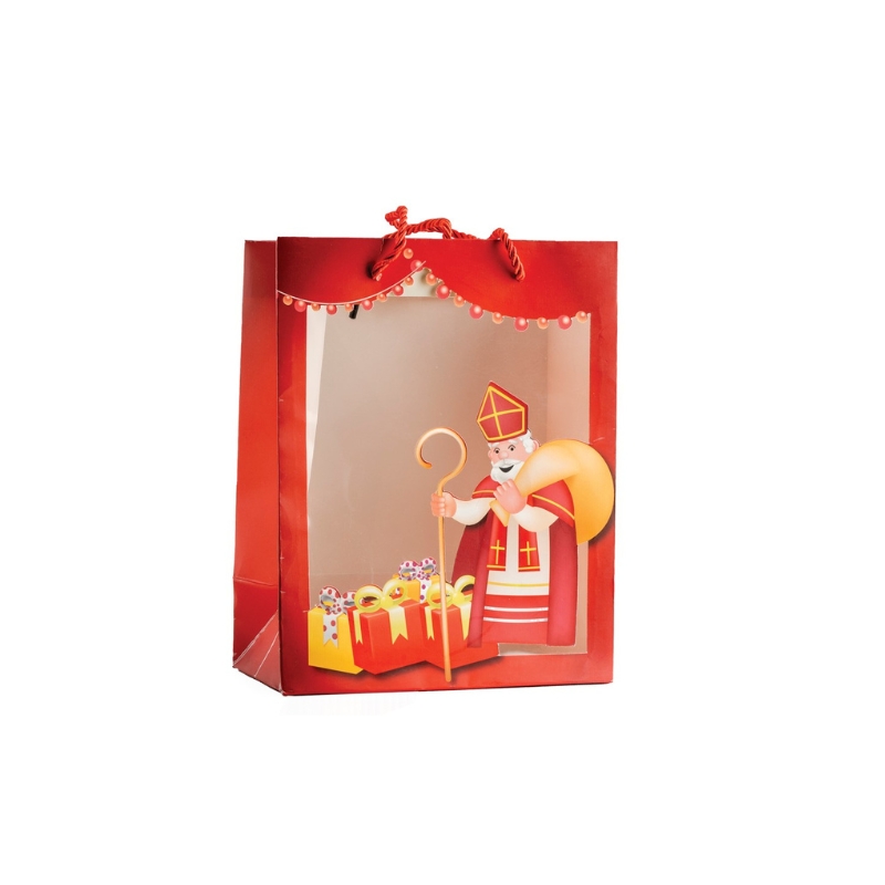 RODE ZAK MET VENSTER SINTERKLAAS 18X10XH23CM