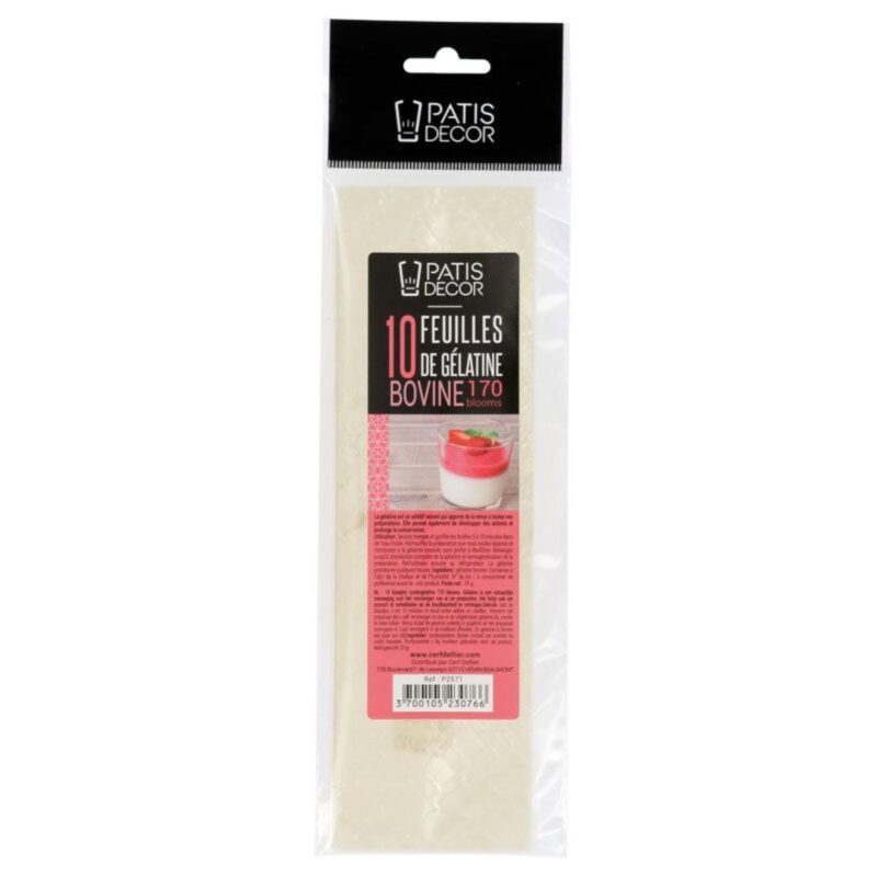 PATISDECOR GELATINE BOVINE 170 BLOOMS 10 FEUILLES DE 2.5G