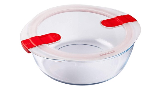 [57661189] PYREX COOK&HEAT PLAT ROND 26 x 23CM HT 8CM EN VERRE BOROSILICATE 2,3L AVEC COUVERCLE 2 VALVES VAPEUR -40 À +300°C