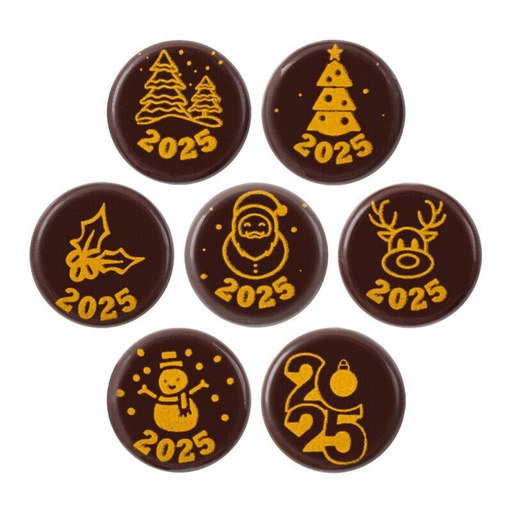 [08039871] 2014851 PLAQUETTE RONDE HAPPY 2024 EN CHOCOLAT NOIR20 MM 250 PCES = BTE