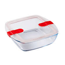 [57661187] PYREX COOK&HEAT PLAT CARRE 25X22XH7CM 2.20L A/COUVERCLE 2 VALVES VAPEUR-BOROSILICATE -40+300°