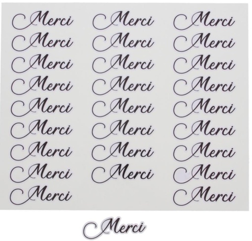 [60100505] GLANZENDE STICKER "MERCI" MIDDELGROOT ZWART VEL 27 STUKS