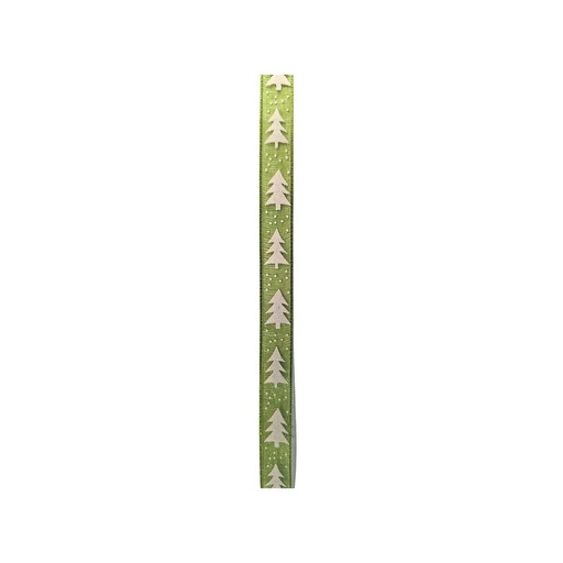 [00069645] GREEN ORGANZA RIBBON WITH CHRISTMAS TREE 1CM X 20M 