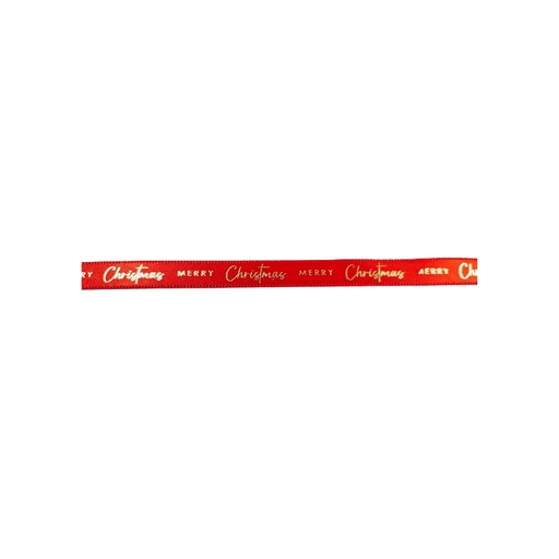 [00069648] RED SATIN RIBBON "MERRY CHRISTMAS" IN GOLD 1CM X 20M FOST+ INCLUDED