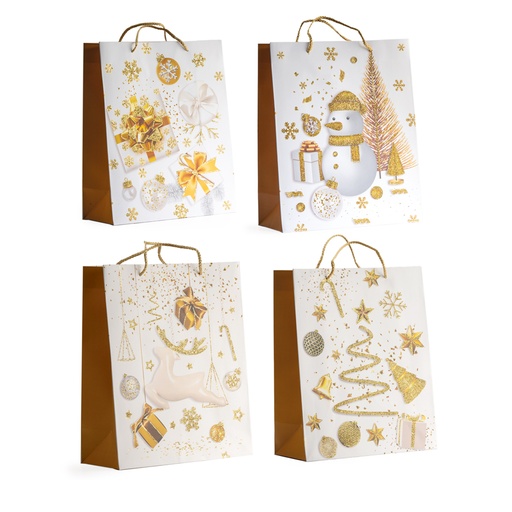[00070654] PAPIEREN TAS MET HENGSEL "KERSTTHEMA" WIT & GOUD 4ASS 18X10H23CM 