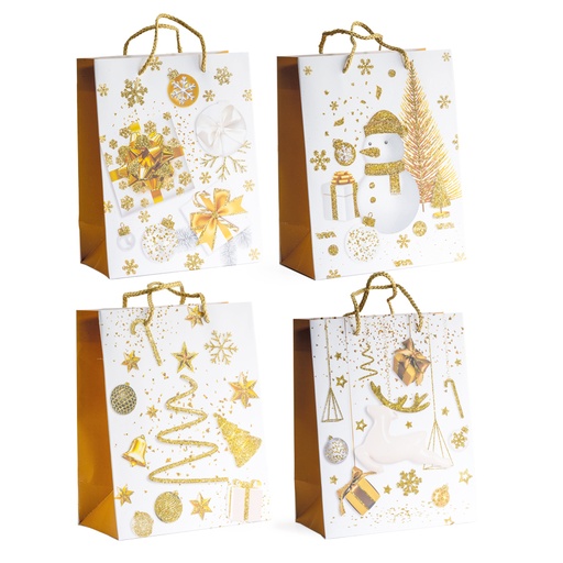 [00070655] PAPIEREN TAS MET HENGSEL "KERSTTHEMA" WIT & GOUD 4ASS 26X12H32CM 