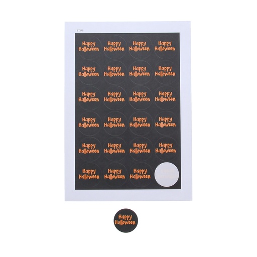 [00070667] STICKER 4CM "HAPPY HALLOWEEN" ZWART EN ORANJE 24ST