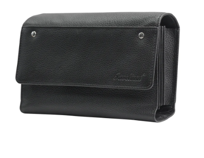 [00070833] PAVELINNI KLASSIEKE ZWARTE KALFSLEREN PORTEMONNEE MET KLITTENBANDSLUITING - 4 VAKKEN - 1 RITSSLUITING - MET NYLON RIEM  - DC01874ABL - 19X12X3CM