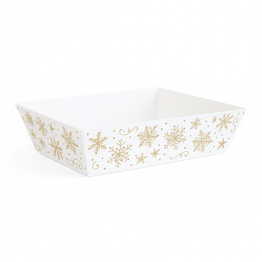 [00071047] RECTANGULAR BASKET GOLD AND WHITE SNOWFLAKE 28 X 19CM