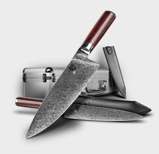 [00073264] KAI LIMITED EDITION TBS0220 SET CHEF+UNIVERSAL KNIFE WITH SERIAL NUMBER - LEATHER BLADE SHEATHS AND ALUMINUM CASE 