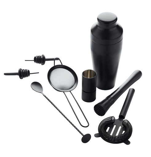 [00073360] PUNT VIRGULE ZWART COCKTAILSET 8P - SHAKER-LEPEL-COCKTAILZEEFJE-DOSER-PILON-SET VAN 2 DOSERS-STRAINER