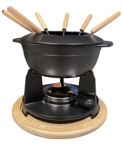 [00073864] BAUMALU FONDUE CAQUELON CAST IRON BLACK ON WOODEN BOARD - 6P 