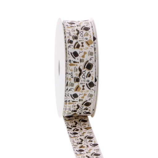 [00074083] WHITE BRASS RIBBON WITH PATTERN "PAPA GENTLEMAN" 25MM X 20M