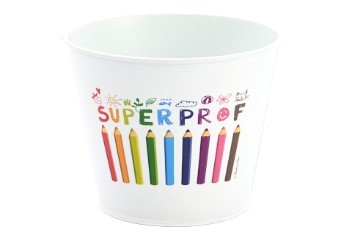 [00074123] WIT ZINKEN POTJE + POTLOOD "SUPER LERAAR" DIAM 11,5CM H9CM
