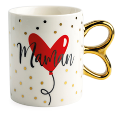 [00074153] MUG BLANC/OR - MAMAN COEUR ROUGE ANSE OR DIM 8CM HT 9.5CM