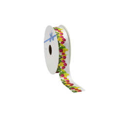 [00074161] WHITE SATIN RIBBON WITH TULIPS 23MM 20 METERS 