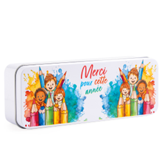 [00074164] BOITE/PLUMIER EN ZINC MOTIF CRAYONS "MERCI POUR CETTE ANNEE" 19 x 7CM HT 4.2CM 
