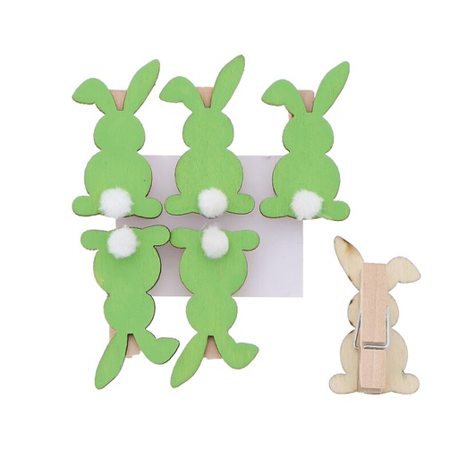 [00074521] GREEN WOOD CLIP "FLUFFY" RABBIT WITH POMPOM 6PCS 25 x 15MM H45MM
