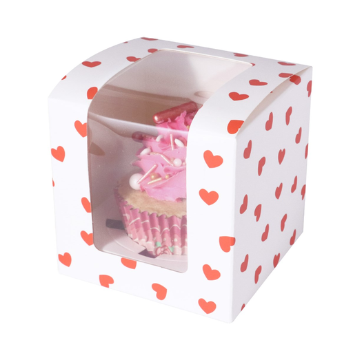 [00075295] BOÎTE A CUPCAKE BLANCHE AVEC COEURS ROUGES 12,5 x 8,7CM 4 PCS  FOST+ INCLUS