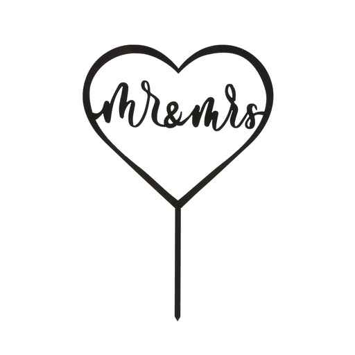 [00075584] BLACK CAKE TOPPER "MR & MRS" IN A HEART 13 x 18CM