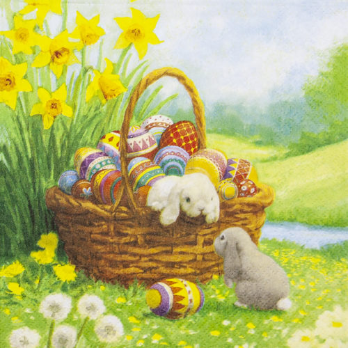 [00075647] HOME FASHION SERVIETTE 33X33CM PANIER AVEC LAPIN ET OEUFS 20 PCS