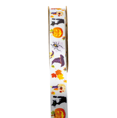 [00098681] RUBAN SATIN ECRU MOTIF HALLOWEEN 25MM 25M