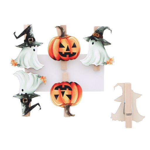 [00098736] HALLOWEEN PINCH CLIP “GHOST PARTY” GHOSTS & PUMPKINS - 6PCS 12 x 38MM H 48MM