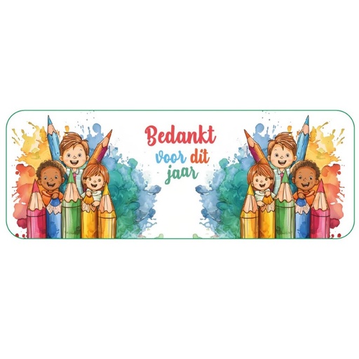 [00099004] BOITE/PLUMIER EN ZINC MOTIF CRAYONS "BEDANKT VOOR DIT JAAR 19 x 7CM HT 4.2CM 