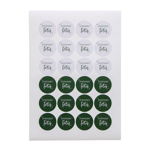 [00099127] 4 CM "JOYEUSE FEESTDAGEN" GROENE STICKER 24 STUKS