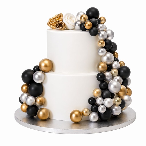[00099197] DÉCORATIONS BOULES SUR PIQUES OR, ARGENT ET NOIR 32PCS
