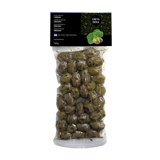 [00099281] CRETA DEKA – GROENE OLIJVEN IN VACUÜMVERPAKKING MET OREGANO 150G