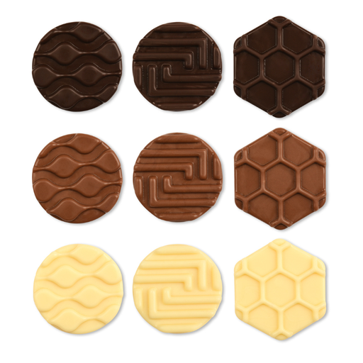 [00099557] ASSORTIMENT DÉCORS CHOCOLAT 3 ASS. BLANC-LAIT-NOIR Ø3,6CM 45PCS