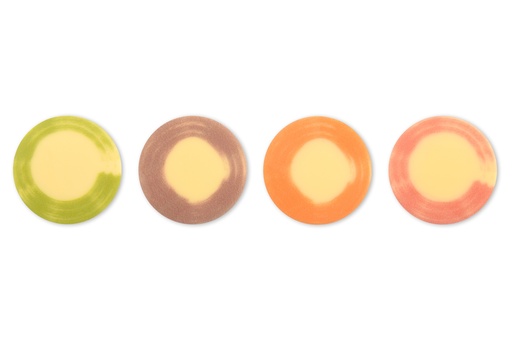 [00099561] COLOURED ROUND PLAQUES 4 ASSORTMENTS - WHITE CHOCOLATE - Ø2.8CM - 240PCS