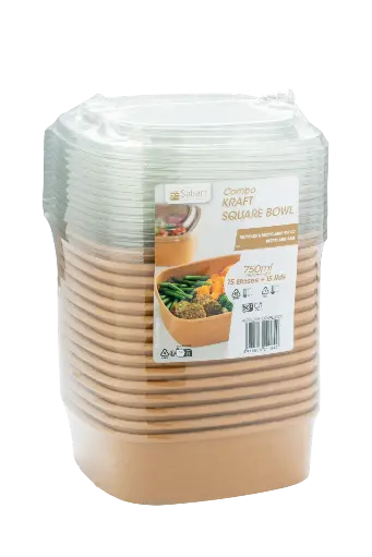 [00102045] SQUARE KRAFT TRAY WITH TRANSPARENT LID - 170 × 170 MM - HEIGHT 50 MM - 900 ML - 15 PCS