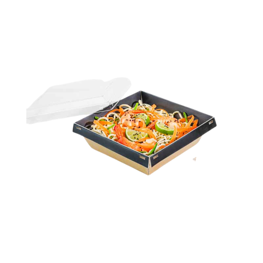 [00102075] LUXIFOOD - BOÎTE CARRÉE EN CARTON NOIR AVEC COUVERCLE TRANSPARENT - 180 x 180 MM - HT 43 MM - 750 ML - 20 PCS