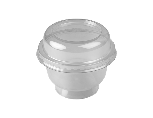 [00102103] MOULIPACK - TRANSPARANTE PLASTIC DESSERTBEKER MET VOET - 20 CL - Ø 95 MM - HOOGTE 62 MM + HOOG DEKSEL - Ø 100 MM - HOOGTE 30 MM - 20 STUKS