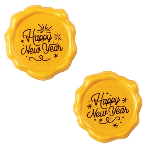 [08082153] 2015448 HAPPY NEW YEAR POSTZEGEL GOUD WITTE CHOCOLADE 38MM 120 STUKS